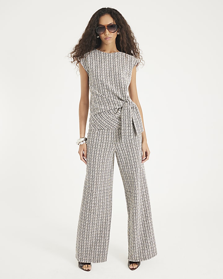 Brown Boucle Pull On Wide Leg Trousers