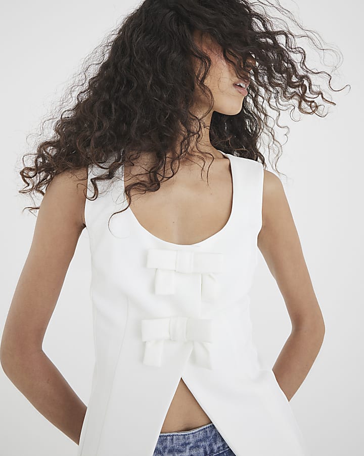 White Sleeveless Bow Top