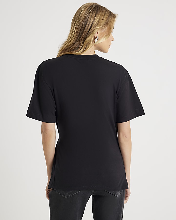 Black Diamante Floral Cinched T-Shirt