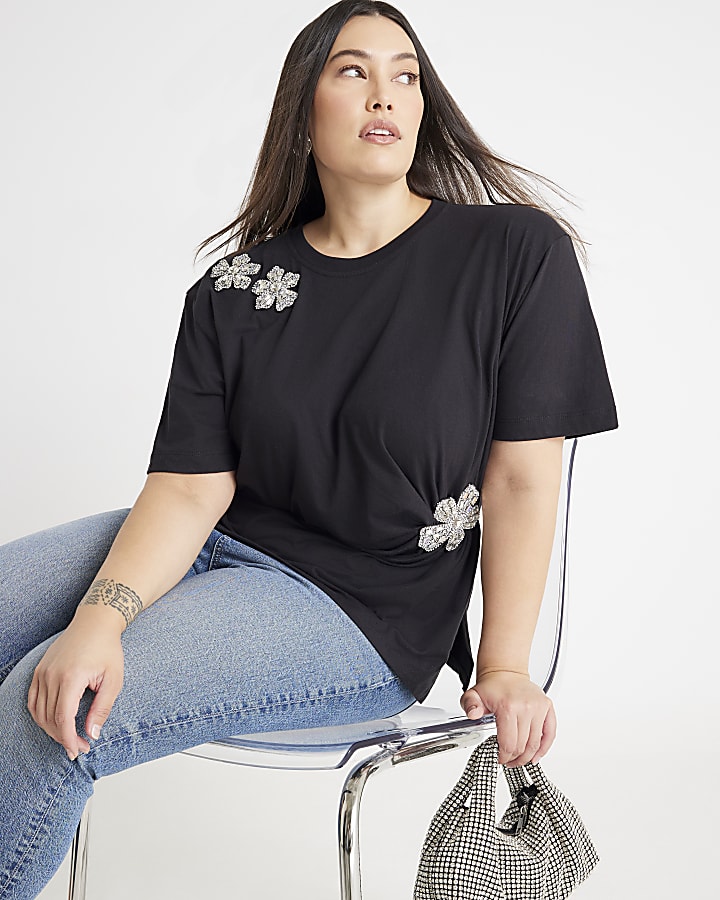 Black Diamante Floral Cinched T-Shirt