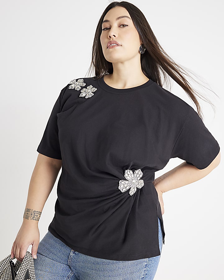 Black Diamante Floral Cinched T-Shirt