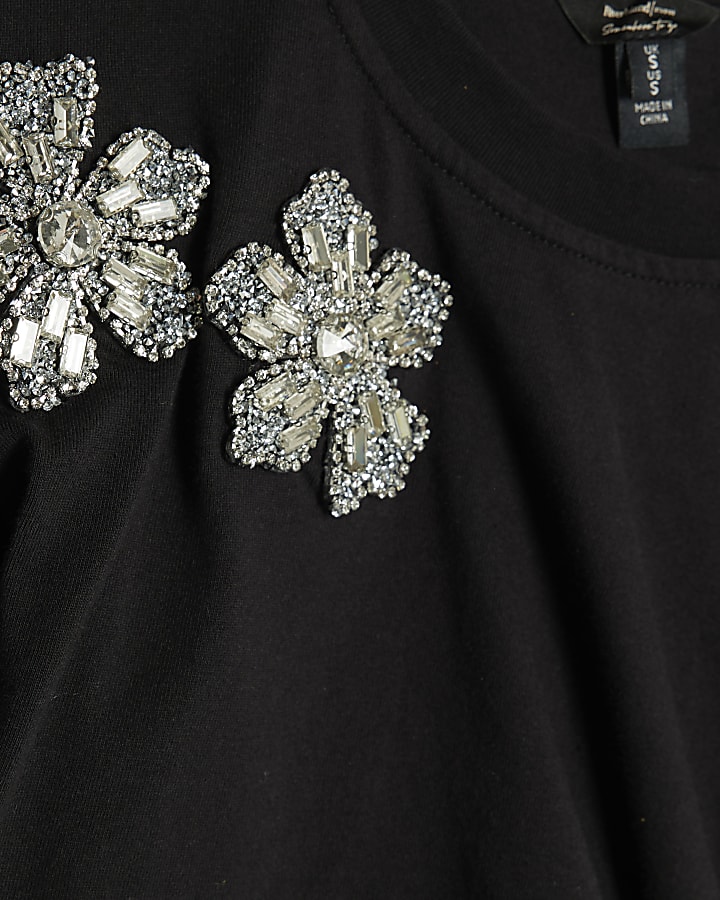Black Diamante Floral Cinched T-Shirt
