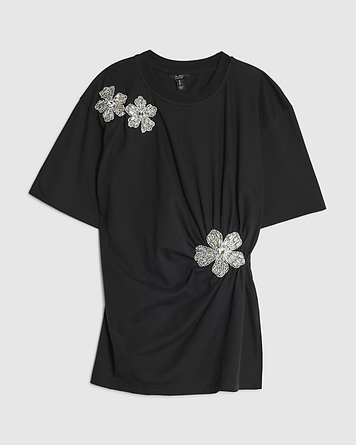 Black Diamante Floral Cinched T-Shirt