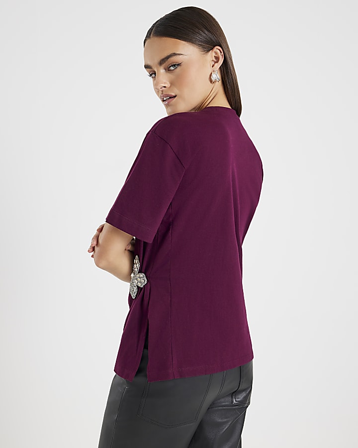 Red Short Sleeve Diamante Flower T-shirt