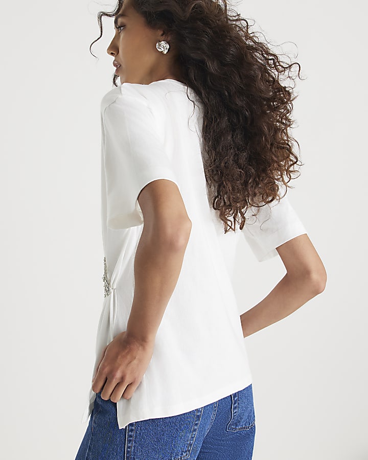 White Short Sleeve Diamante Flower T-shirt