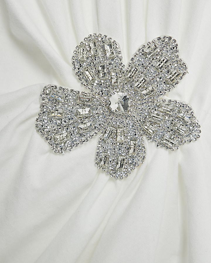 White Short Sleeve Diamante Flower T-shirt
