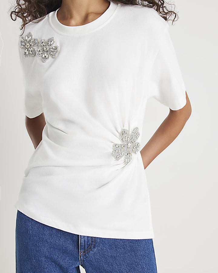 White Short Sleeve Diamante Flower T-shirt