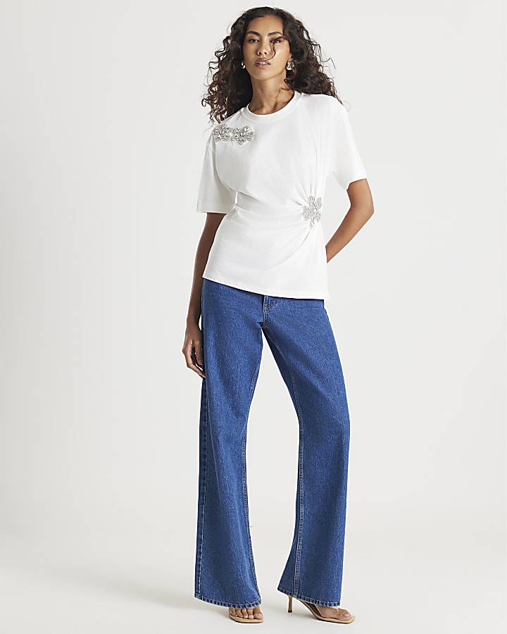 White Short Sleeve Diamante Flower T-shirt