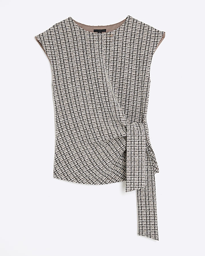 Brown Boucle Sleeveless Tie Side Top