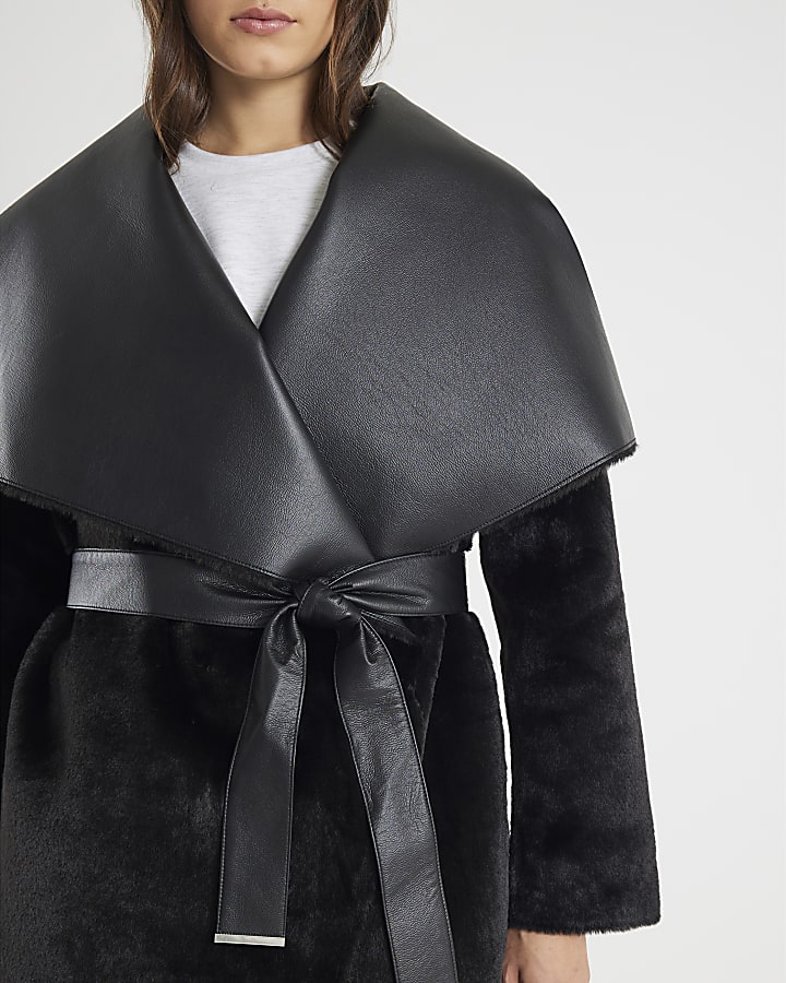 Black Faux Fur Belted Trench Coat