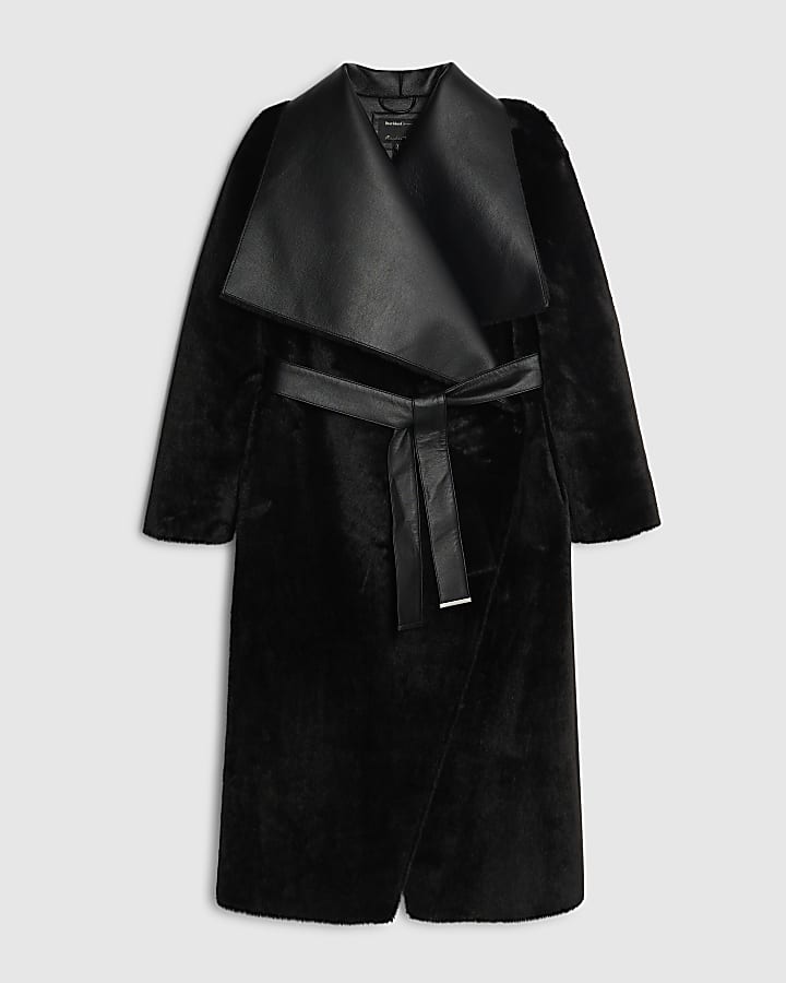 Black Faux Fur Belted Trench Coat