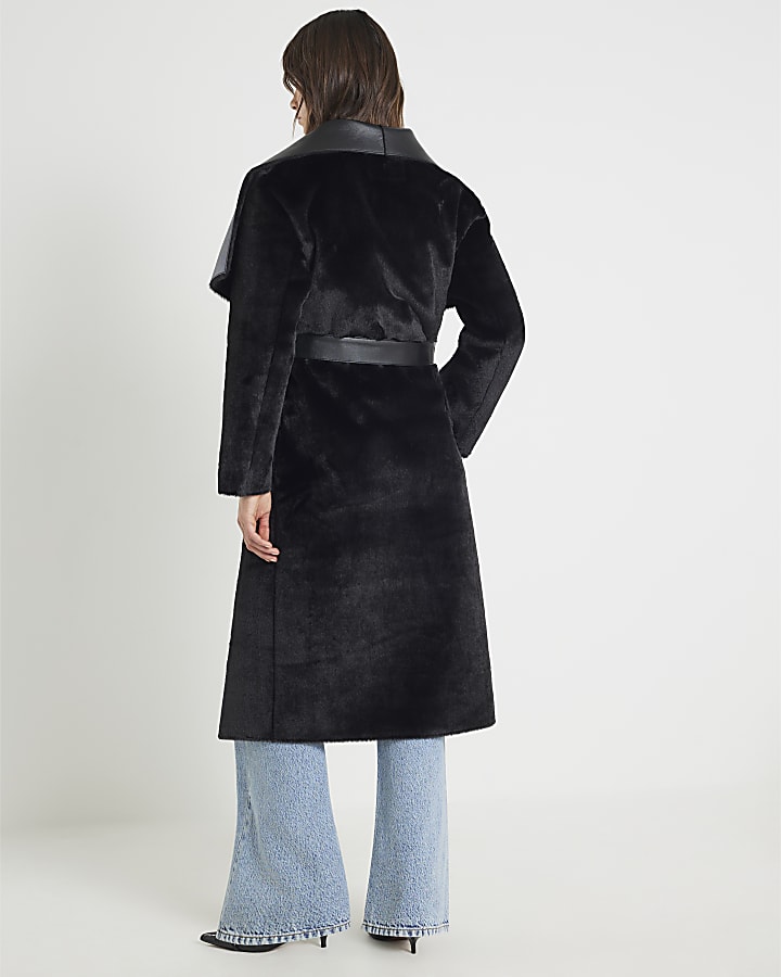 Black Faux Fur Belted Trench Coat