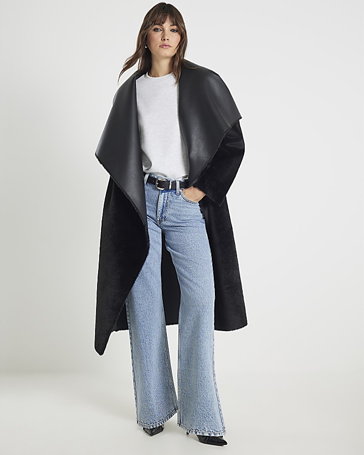 Black Faux Fur Belted Trench Coat