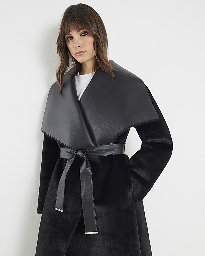Black Faux Fur Belted Trench Coat
