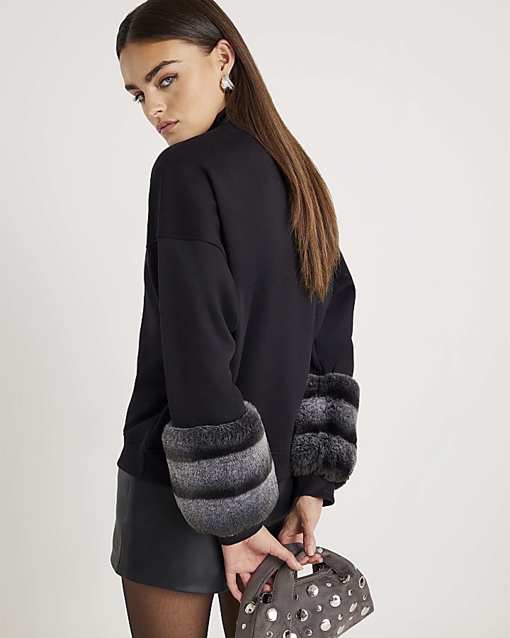 Black Faux Fur Cuff Sweatshirt