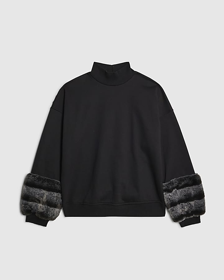 Black Faux Fur Cuff Sweatshirt