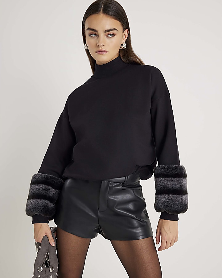 Black Faux Fur Cuff Sweatshirt