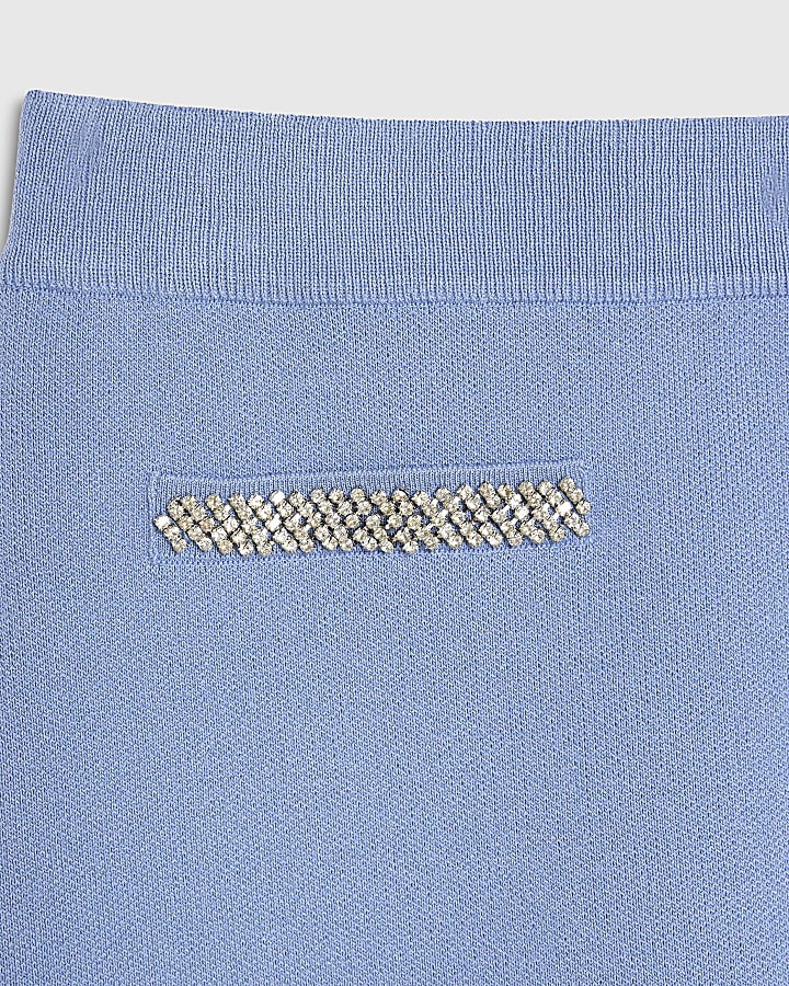 Blue Knitted Embellished Mini Skirt