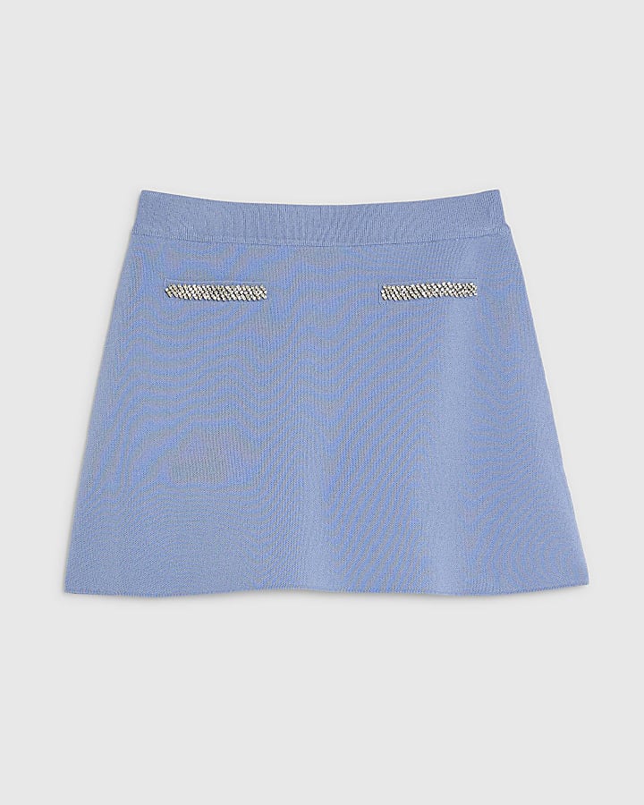 Blue Knitted Embellished Mini Skirt