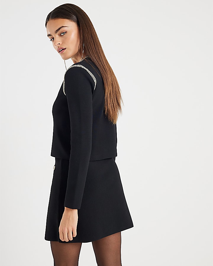 Black Knitted Embellished Mini Skirt