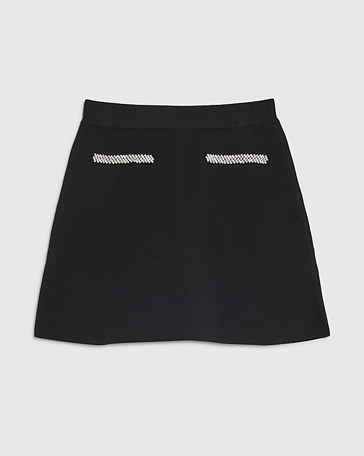 Black Knitted Embellished Mini Skirt