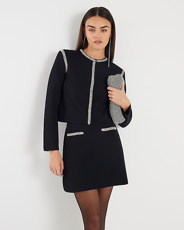 Black Knitted Embellished Mini Skirt