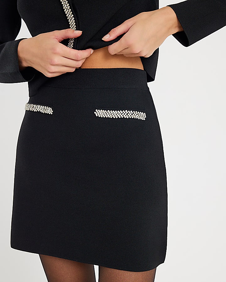 Black Knitted Embellished Mini Skirt