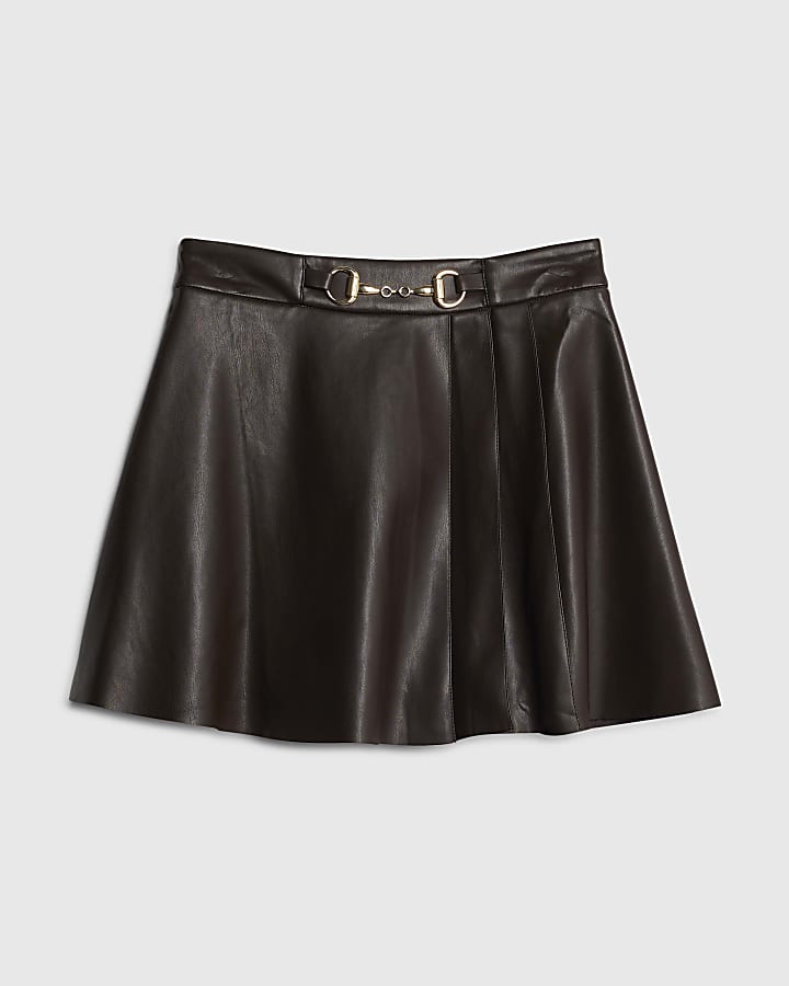 Brown Faux Leather Snaffle Detail Mini Skirt