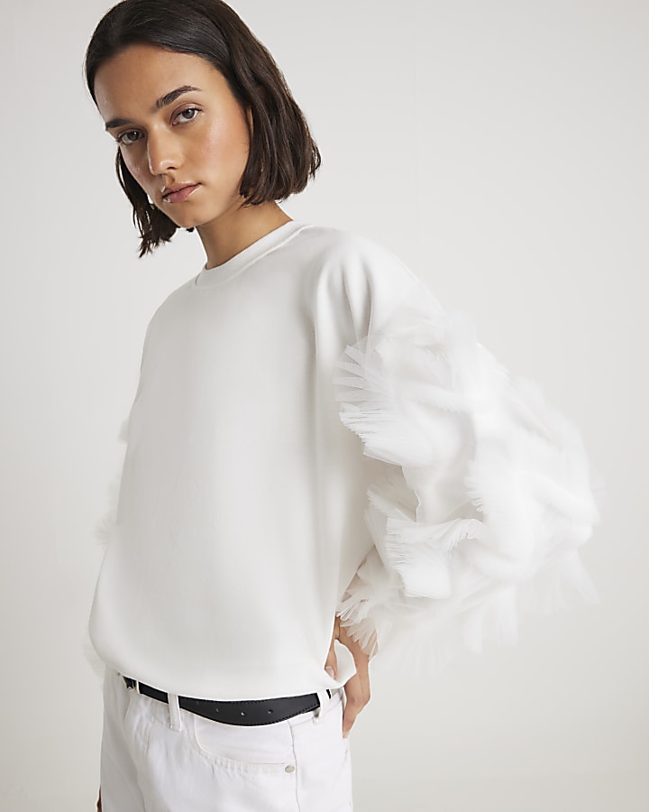 Cream Ruffle Sleeve Sweatshirt