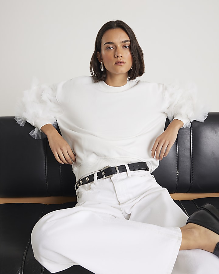 Cream Ruffle Sleeve Sweatshirt