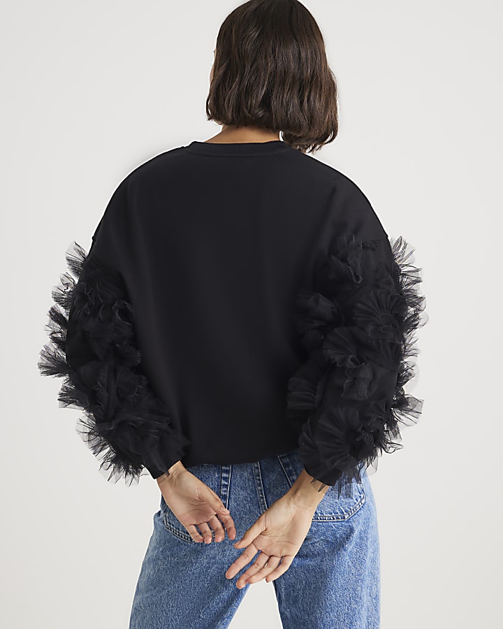 Black Long Sleeve Ruffle Sweatshirt