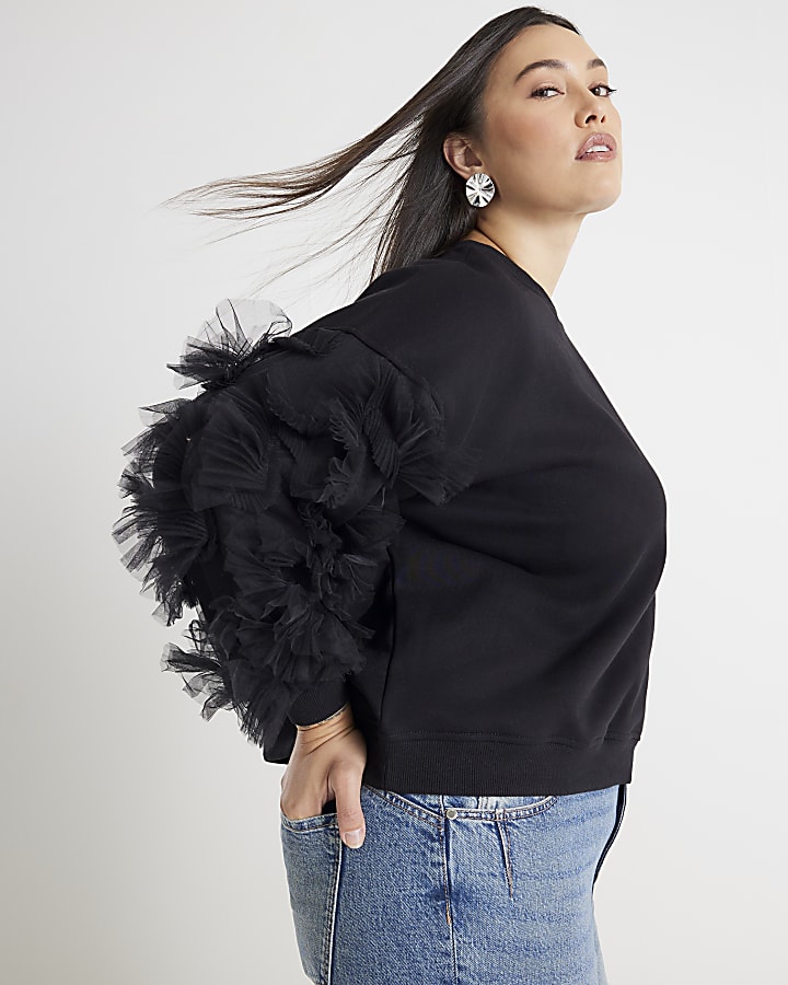 Black Long Sleeve Ruffle Sweatshirt