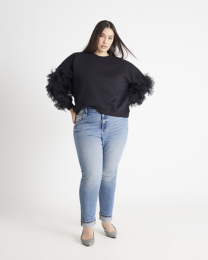 Black Long Sleeve Ruffle Sweatshirt