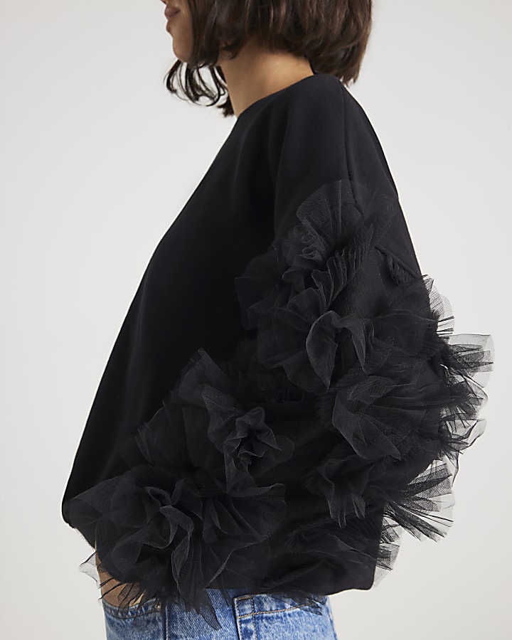 Black Long Sleeve Ruffle Sweatshirt