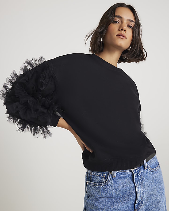 Black Long Sleeve Ruffle Sweatshirt