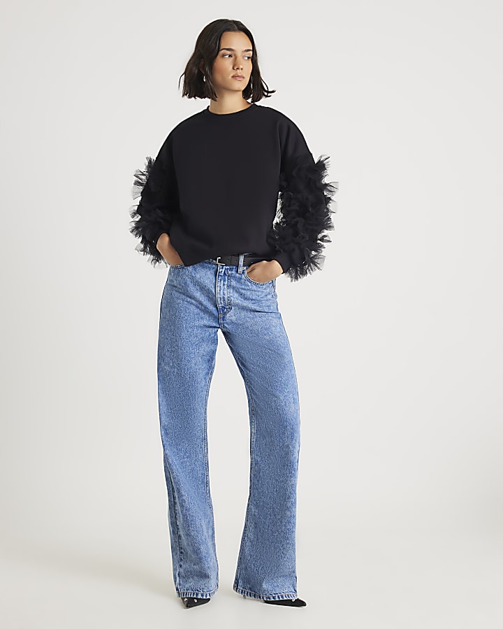 Black Long Sleeve Ruffle Sweatshirt
