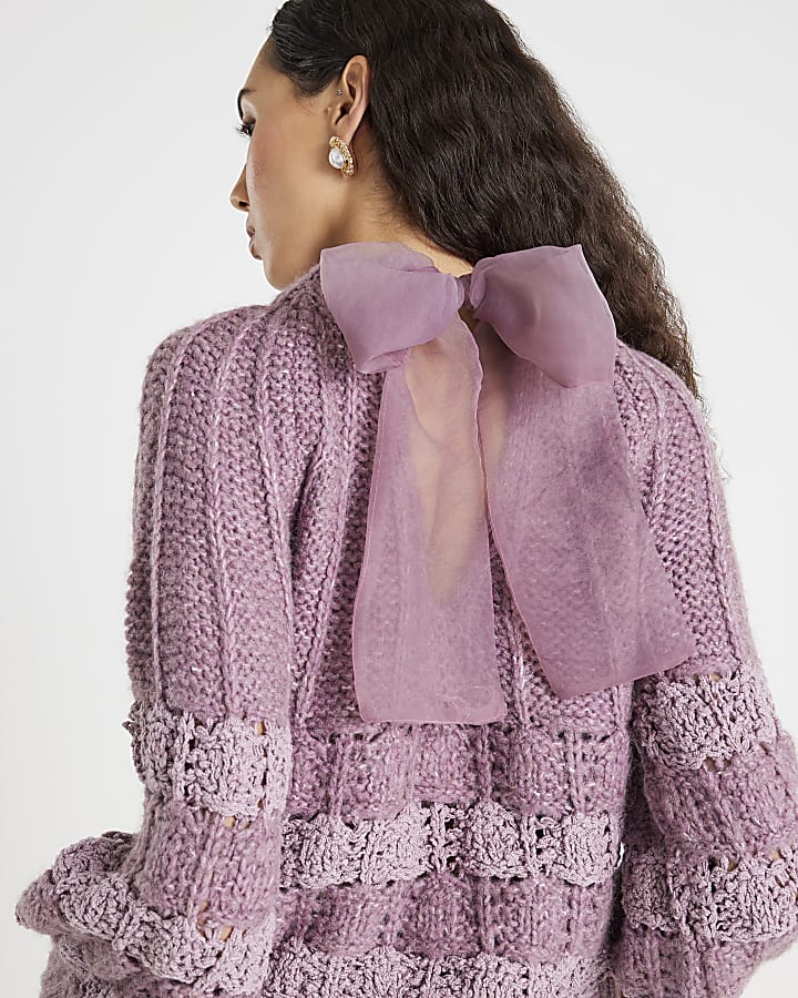 Purple Pointelle Bow Back Jumper