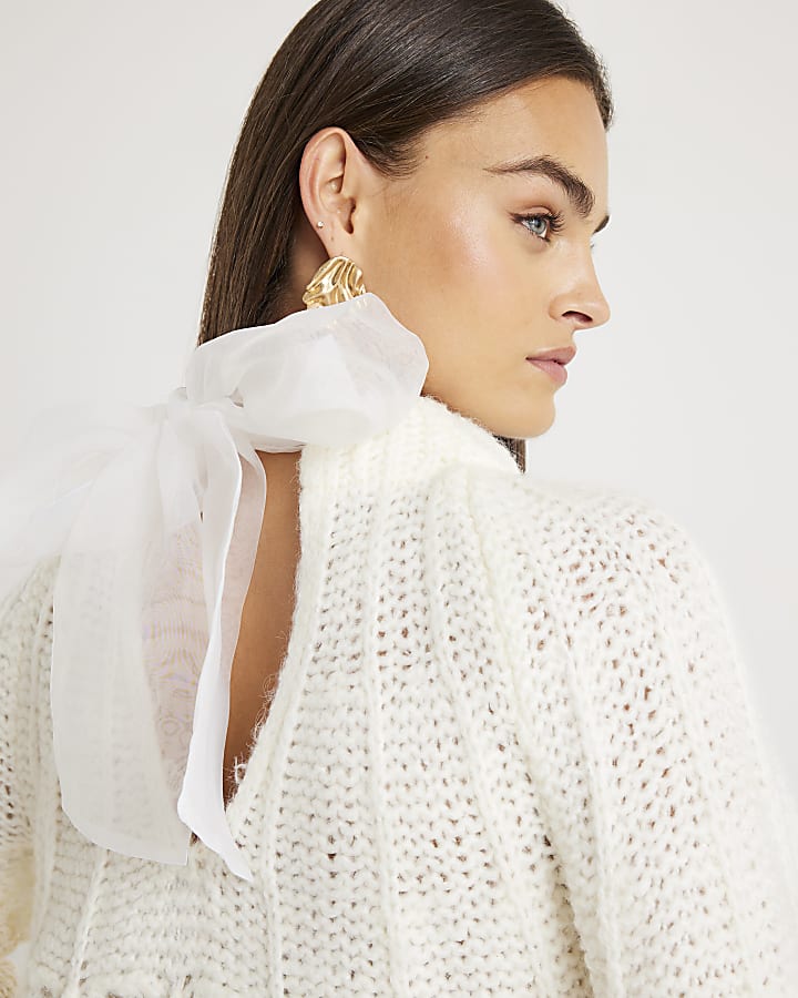 White Pointelle Knitted Bow Back Jumper