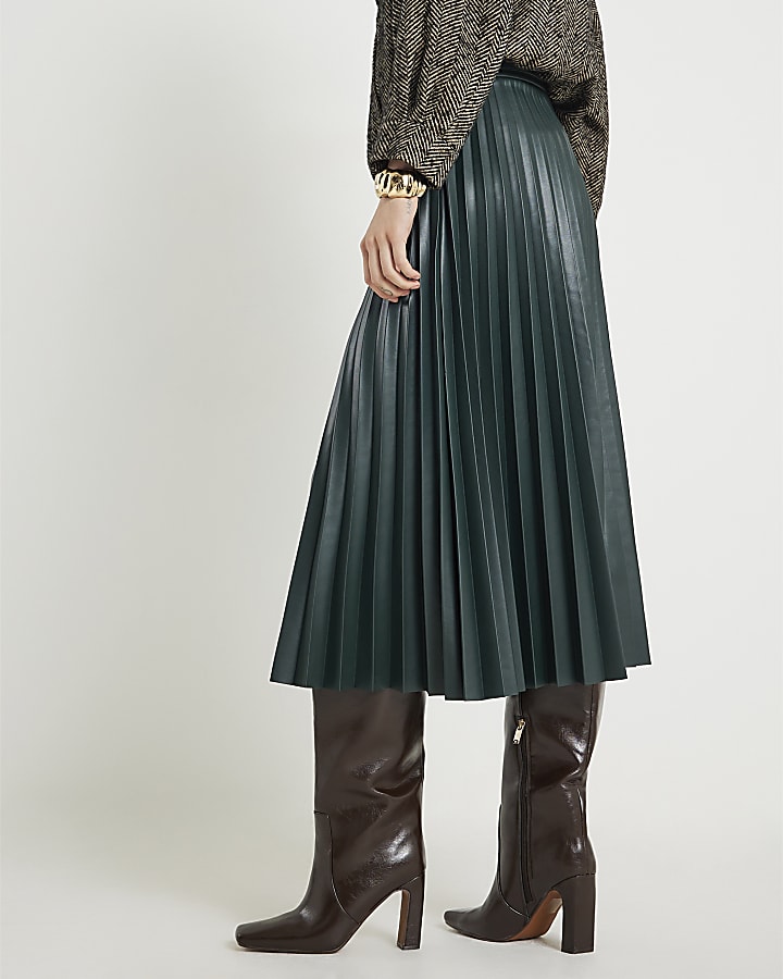 Green Belted Pleated Midi Skirt