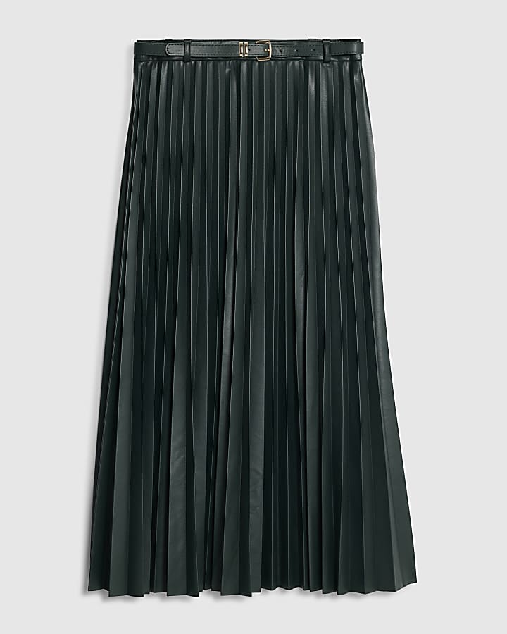Green Belted Pleated Midi Skirt