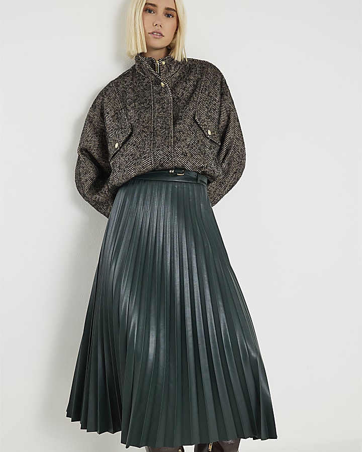 Green Belted Pleated Midi Skirt