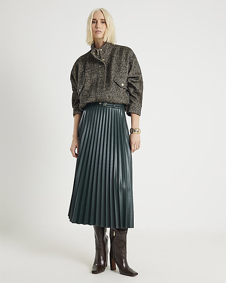 Green Belted Pleated Midi Skirt