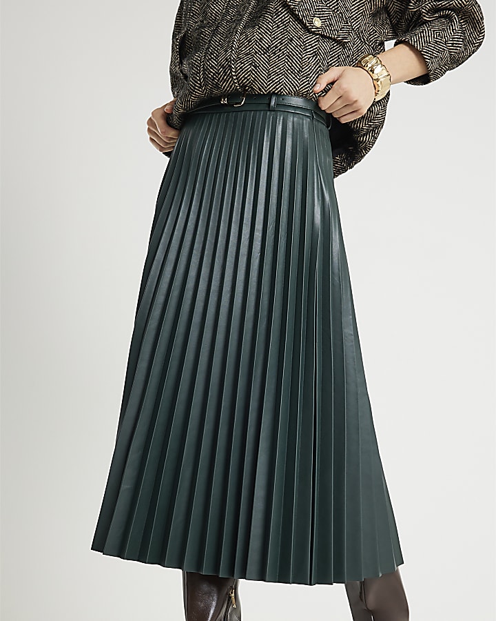 Green Belted Pleated Midi Skirt