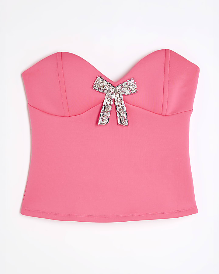 Pink Diamante Bow Bandeau Top