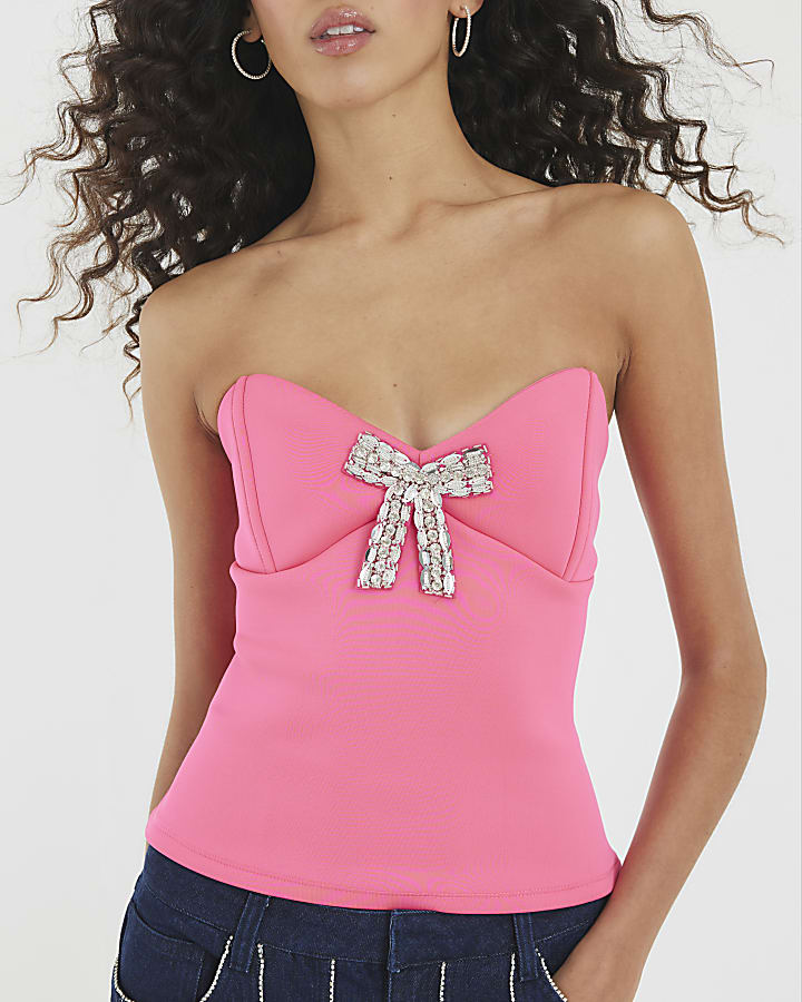 Pink Diamante Bow Bandeau Top