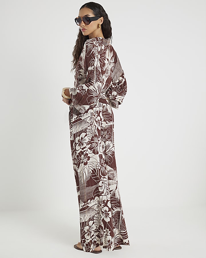 Brown Tropical Print Beach Trousers