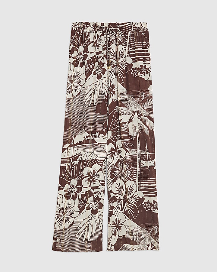 Brown Tropical Print Beach Trousers