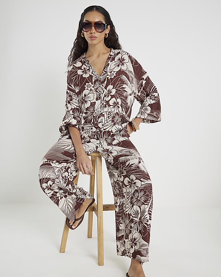 Brown Tropical Print Beach Trousers