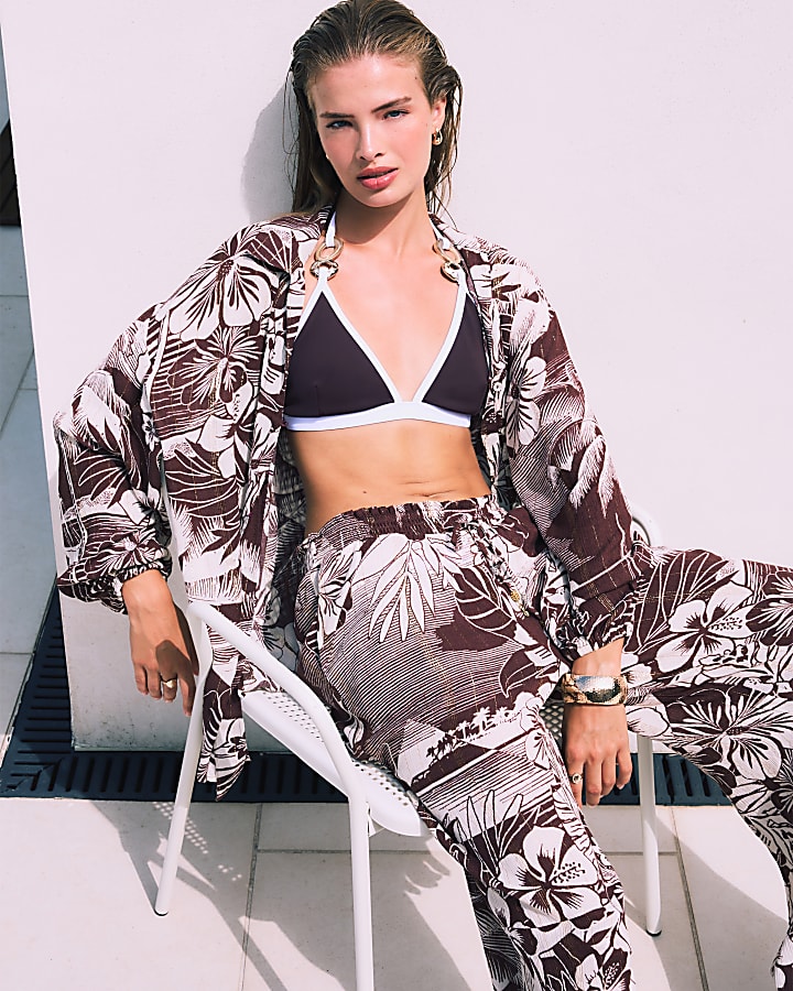 Brown Tropical Print Beach Trousers