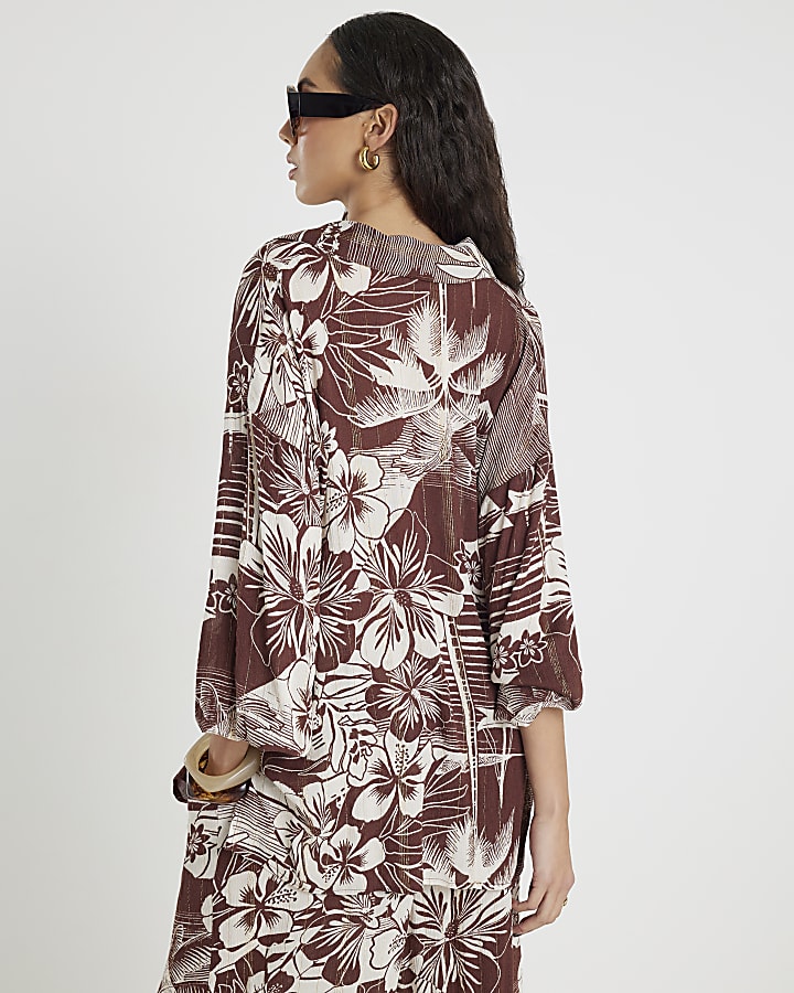 Brown Tropical Print Beach Shirt